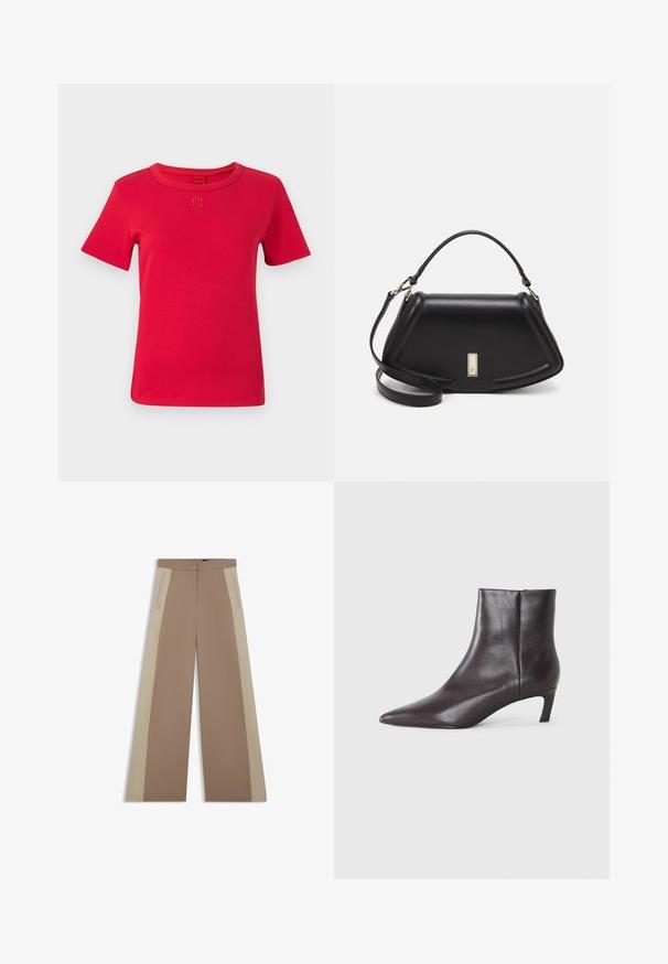 Rode katoenen T-shirt met korte mouwen, ronde halslijn en geborduurd "HUGO" logo op de borst. Gladde textuur en een eenvoudig ontwerp.; Bruine wijde broek met beige zijpanelen, met een vlakke voorkant, verborgen zakken en een gladde textuur. Tailored design en schone lijnen.; Zwarte leren enkellaars met spitse neus en lage kitten heel, gladde afwerking, zijrits, getoond op een neutrale achtergrond.; Zwarte leren handtas met een gestructureerd ontwerp, featuring een verkorte vorm, bovenhandvat en gouden hardwareaccent. Inclusief verstelbare schouderband.