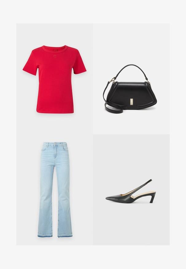 Piros pamut póló短ujjakkal, kerek nyakkivágással, és hímzett "HUGO" logóval a mellkason. Sima textúra és egyszerű dizájn.; Világoskék, trapéz fazonú farmernadrág, magas derékkal, elülső zsebekkel és nyers szegéllyel a szárakon, amely laza megjelenést kölcsönöz.; Fekete, hegyes orrú, slingback cipő alacsony sarkával, sima bőrből készült, oldalt kivágott deisgnal a légáteresztőképesség érdekében.; Fekete bőr kézitáska, strukturált dizájnnal, rövidített formával, felső fogantyúval és arany színű kiegészítőkkel. Állítható vállpánt is tartozik hozzá.