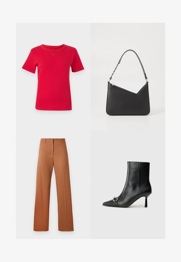 Czerwona bawełniana koszulka z krótkimi rękawami, okrągłym dekoltem i haftowanym logo "HUGO" na klatce piersiowej. Gładka faktura i prosty design.; Szerokie spodnie w bogatym brązowym kolorze, wykonane z gładkiego materiału, z regularnym pasem i pętlami na pasek oraz z przodu z plisami.; Czarny skórzany botek za kostkę z szpiczastym noskiem, smukłym średnim obcasem i srebrnym zapięciem po boku na jednolitym tle.; Czarna skórzana torebka o trójkątnym kształcie, z cienkim paskiem i srebrnymi elementami. Posiada zamek błyskawiczny oraz wytłoczone logo z przodu.