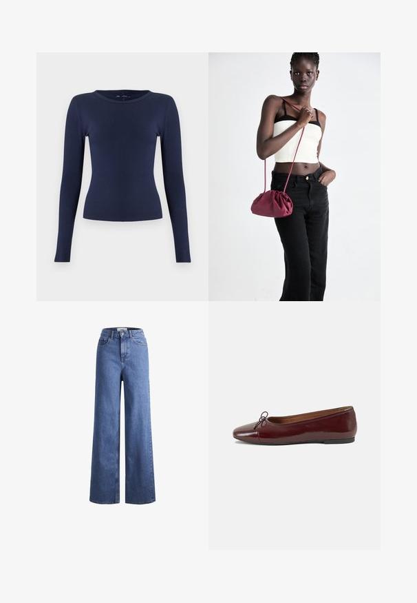 Donkerblauw, geribd, langärmelig topje met een ronde halslijn. Gemaakt van een rekbare stof, het heeft een aansluitende pasvorm en een gladde textuur.; Lichtblauwe denim wijde jeans met een hoge taille, twee voorzakken en zichtbare stiksels. Voorzien van een knoop- en ritssluiting.; Bordeaux gepatenteerd lederen ballerina met een ronde neus, een klein strikaccent aan de voorkant en een lage, zwarte rubberen zool. Glad textuur.; Bordeaux zachte stoffen handtas met een geplooid ontwerp en een lange schouderband, crossbody gedragen. Model draagt een witte crop top en zwarte jeans.