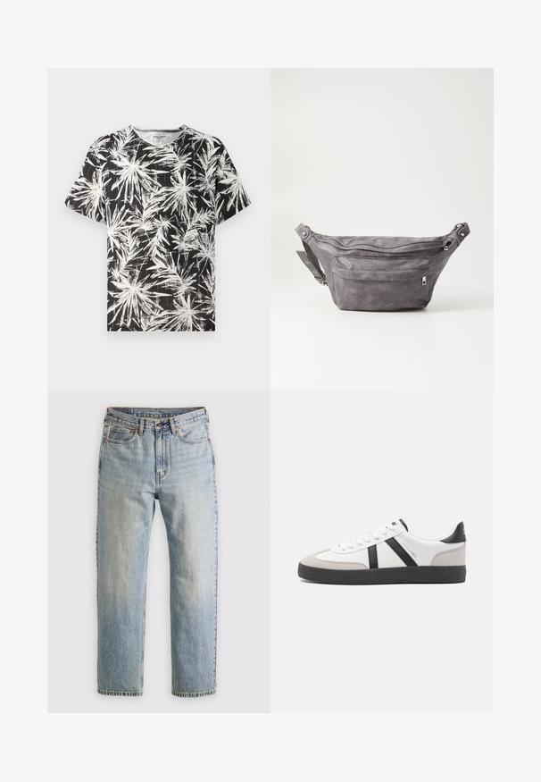 Černé tričko s bílým abstraktním vzorem palmového listu, krátké rukávy a kulatý výstřih, vyrobené z lehké bavlněné látky.; Svetle modré džíny z denimu s vysokým pasem, předním knoflíkem, zipem a designem s pěti kapsami, ležící rovně na neutrálním pozadí.; Bílé tenisky s černými a šedými akcenty, opatřené texturovaným šedým prstovým krytem, černou gumovou podrážkou a plochými bílými tkaničkami. Čistý design, minimalistický styl.; Šedý semišový ledvinka s kulatým tvarem, dvěma zipovými přihrádkami a nastavitelným popruhem. Obsahuje kovové akcenty.