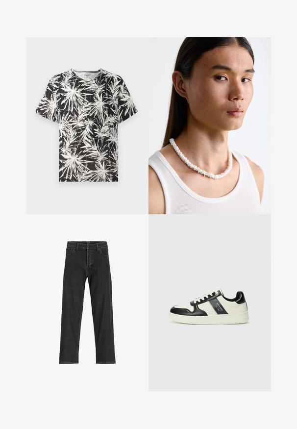 Crna majica kratkih rukava s bijelim apstraktnim uzorkom lista palme, okruglog izrezanog vrata, izrađena od lagane pamučne tkanine.; Crne traperice s ravnim krojem, s patentnim zatvaračem, petljama za pojas i šest džepova, izrađene od čvrste mješavine pamuka.; Kožne tenisice s crno-bijelom paletom boja, koje imaju perforirane akcentne detalje, podstavljeni ovratnik i teksturiranu potplat.; Bijela ogrlica od školjki sastavljena od nepravilnih oblika, nošena preko uskog bijelog topa. Glatka tekstura s suptilnim sjajem, blizu tijela prilagođen dizajn.