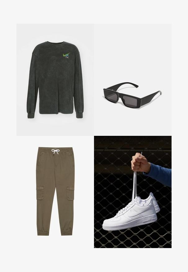Schwarzes Langarm-T-Shirt aus weichem Stoff mit leicht strukturiertem Finish. Mit grünem Nike-Logo und einer kleinen Grafik auf der Brust.; Khaki Cargo-Hosen mit elastischem Bund und Kordelzug, aus seitlichen Taschen und umgeschlagenen Knöcheln. Hergestellt aus einem strukturierten, leichten Material.; Weiße Leder-Sneaker mit Perforationen, runder Zehenpartie, flacher Sohle und dicken Schnürsenkeln, mit sichtbar eingesticktem Swoosh-Logo und "AIR" an der Ferse.; Schwarze Sonnenbrille mit rechteckigem Rahmen und dunklen Gläsern. Aus glänzendem Kunststoff gefertigt, zeichnet sich durch ein kantiges Design und schlanke Bügel aus.