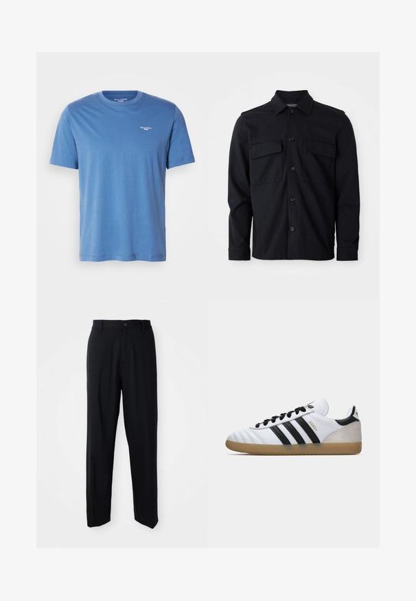 Lyseblå kortermet T-skjorte laget av mykt stoff, med rund hals og en liten hvit logo på øvre venstre bryst.; Svart langermet skjortejakke med krage, frontlukking med knapper og to brystlommer mot en enkel hvit bakgrunn.; Sorte rett-bente bukser med beltehemper, knappeforing og et elegant, minimalistisk design på en nøytral bakgrunn.; Hvit Adidas Samba sneakers med svarte striper, svarte snøring, beige suedhelt og gummisåle, vist i venstre sideprofil.