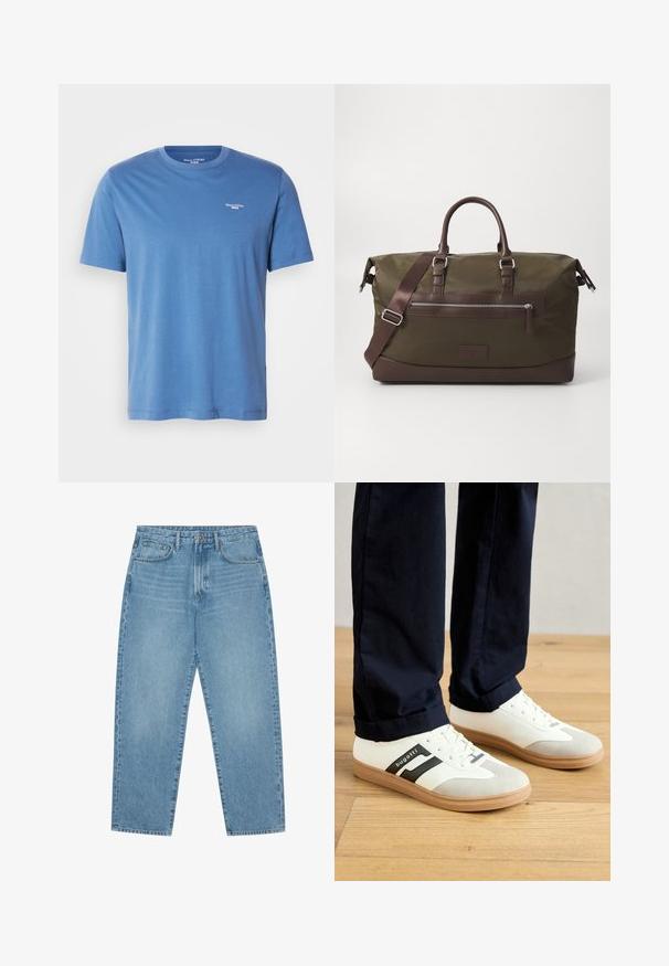 T-shirt de manga curta azul clara, feita de tecido suave, com decote redondo e um pequeno logo branco no lado superior esquerdo do peito.; Jeans de ganga de perna larga em azul-claro com cintura alta, apresentando cinco bolsos, passadores para cinto e uma textura suave, ligeiramente desbotada.; Tênis brancos e cinzentos com riscas pretas, feitos de couro, apresentando uma sola de borracha e atacadores planos. Usados com calças azul-marinho em um chão de madeira.; Saco de duffle em lona na cor verde-oliva com pormenores em couro castanho, apresentando duas alças, uma alça de ombro destacável e um bolso frontal com fecho de correr.