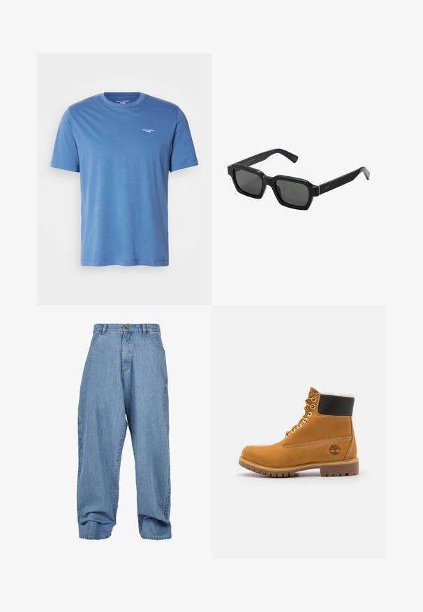 Világoskék, rövid ujjú póló, puha anyagból készült, kerek nyakkivágással és egy kis fehér logóval a bal felső mellen.; Világoskék denim nadrág, laza fazonnal, gombos záródással, elülső zsebekkel és pohárkialakítással, klasszikus öt zsebes kialakítással.; Barna bőrből készült bokacsizma fém fűzőlyukakkal, fehér szőr béléssel, fekete párnázott gallérral, strapabíró talppal és dombornyomott logóval az oldalán.; Fekete, négyzet alakú napszemüveg szürke lencsékkel. Vastag műanyag keretek arany díszítéssel és márkázással a szárán. Sima felület.