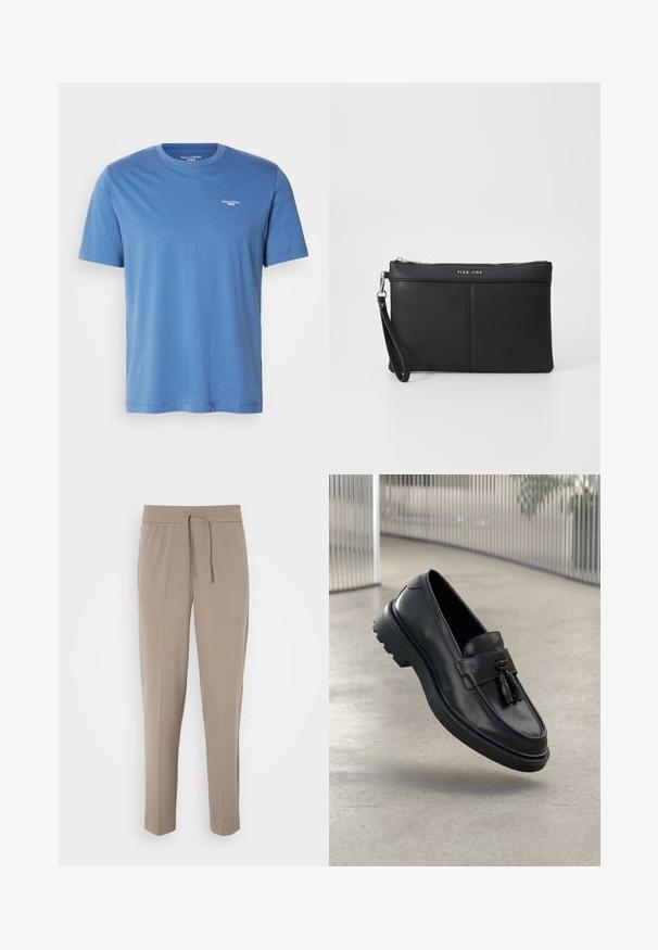 Vaaleansininen lyhythihainen t-paita, joka on valmistettu pehmeästä kankaasta. Paidassa on pyöreä kaula-aukko ja pieni valkoinen logo vasemmassa ylärinnassa.; Harmaat vaaleat housut, joissa on joustava vyötärö, säädettävä nyöri ja kapeat lahkeet. Kangas näyttää sileältä ja siinä on hienoinen kiilto.; Mustat nahkaiset loafersit, joissa on sileä pinta, koristeellinen hapsu, paksu kumipohja ja ommellut yksityiskohdat. Kevyt ja virtaviivainen muotoilu.; Mustat synteettiset hihnataskut, joissa on vetoketjukiinnitys, ranneunos ja sileä pinta. Sisältää hienovaraisia ompeleita ja kohokuvioidun logon etupuolella.