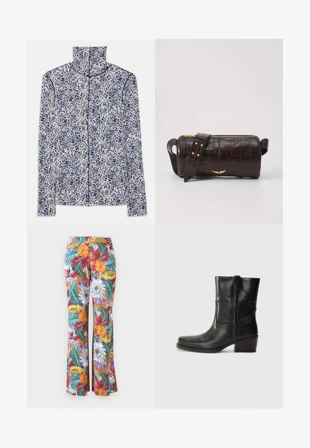 Long-sleeve shirt in white with a blue leopard print pattern, featuring a high collar and a front zipper closure along the center.; Flared trousers with a multicolored floral pattern, featuring orange, purple, and teal flowers and green leaves on a white background.; Black leather ankle boot with a rounded toe, block heel, side zipper, and stitching accents on the vamp. Smooth texture, classic design.; Brown crocodile-embossed leather bag with a cylindrical shape, gold-tone hardware, and a detachable strap featuring studs.