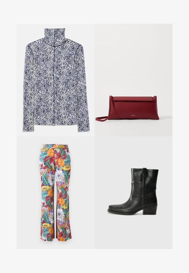 Long-sleeve shirt in white with a blue leopard print pattern, featuring a high collar and a front zipper closure along the center.; Flared trousers with a multicolored floral pattern, featuring orange, purple, and teal flowers and green leaves on a white background.; Black leather ankle boot with a rounded toe, block heel, side zipper, and stitching accents on the vamp. Smooth texture, classic design.; Red leather clutch bag with a textured finish, featuring a flat fold-over top and a short strap. Subtle brand logo on the front.