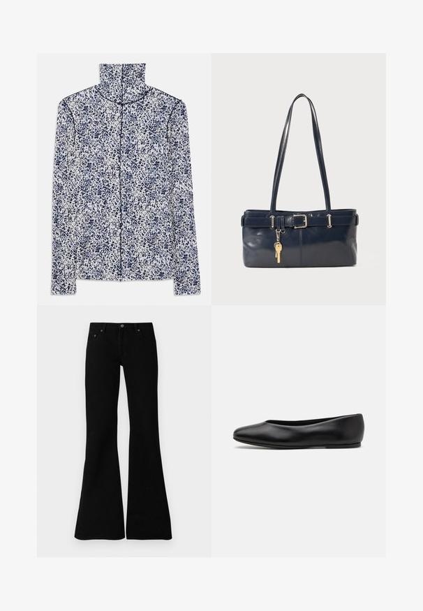 Wit langemouwen shirt met een blauw luipaardprintpatroon, voorzien van een hoge kraag en een rits aan de voorkant in het midden.; Zwarte flare jeans van denim, met een klassiek vijf-pocket ontwerp, knoopsluiting en subtiele stiksels langs de naden.; Paul Smith TOPANGA - Ballerina's - black; Marine leren handtas met twee lange hengsels, een gespdetail en een sleutelhanger eraan bevestigd. Heeft een gladde textuur en een rechthoekige vorm.