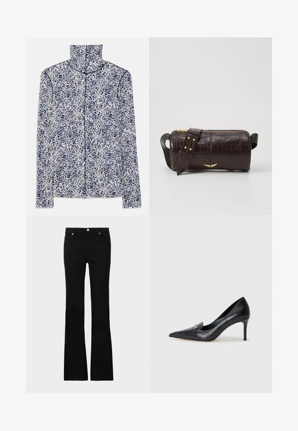 Bílá košile s dlouhým rukávem s modrým leopardím vzorem, vybavená vysokým límcem a předním zipem zapínáním uprostřed.; Černé zvonové džíny vyrobené z denimu, s dvěma předními kapsami, zapínáním na knoflík a hladkou strukturou. Na švech je viditelné charakteristické prošívání.; Černé kožené lodičky s špičatou špičkou, nízkým svrškem a dekorativním zlatým akcentem. Mají jehlový podpatek a hladkou texturu.; Hnědá kabelka z krokodýlí kůže s embosováním, cylindrického tvaru, se zlacenými kovovými prvky a odnímatelným popruhem se hroty.
