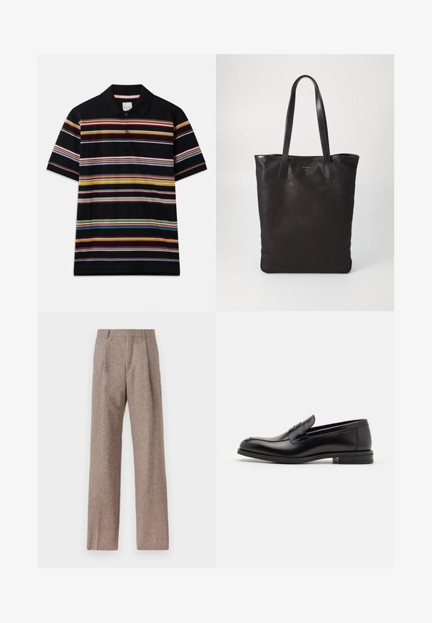 Musta polo-paita, jossa on värikkäitä vaakaraitoja keltaisena, punaisena, vihreänä ja sinisenä. Sisältää kauluksen ja kaksirivisen napituksen.; Ruskejat, korkeavyötäröiset housut, jotka on valmistettu teksturoidusta kankaasta. Ominaisuuksina ovat leveät lahkeet ja kaksi etupuolelle ommeltua laskosta rakenteen tukemiseksi. Siisti viimeistely ilman näkyvää metalliosaa.; Mustat nahkakengät, joissa on sileä pinta, pyöreä kärki ja koristeellinen nauha jalkapöydän yli. Matala pinoitu koroke, minimalistinen muotoilu.; Mustat kangaskassit mustilla nahkahandleilla. Yksinkertainen muotoilu, tilava runko ja sileä pinta. Ei näkyviä logoja tai kuvioita.