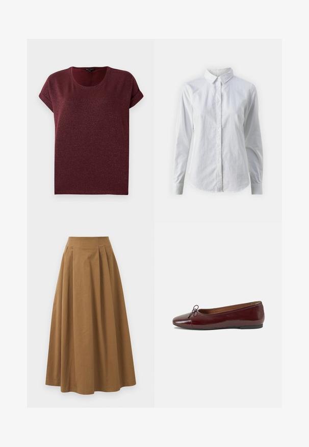 Bordeaux kortärmige top gemaakt van gestructureerde, glinsterende stof met een ronde halslijn en opgerolde mouwen. Relaxte pasvorm.; Witte overhemd met knopen van glad katoen, met een klassieke kraag, lange mouwen en een afgeronde zoom. De knopen zijn klein en wit.; Bruine katoen A-lijn rok met een hoge taille, voorzien van plooien aan de voorkant en een gladde textuur. De zoomafwerking is schoon en eenvoudig.; Bordeaux gepatenteerd lederen ballerina met een ronde neus, een klein strikaccent aan de voorkant en een lage, zwarte rubberen zool. Glad textuur.
