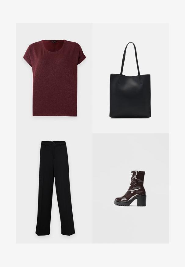 Burgundy short-sleeve top made of textured, glittery fabric with a round neckline and rolled cuffs. Relaxed fit.; Black wide-leg trousers made of smooth fabric, featuring a classic waistband with a button closure and front pleats.; Glossy burgundy ankle boot with a chunky black heel, featuring a smooth texture and simple design. No visible fastenings or patterns.; Black leather tote bag with smooth texture, rectangular shape, and two long handles. No visible hardware or embellishments.