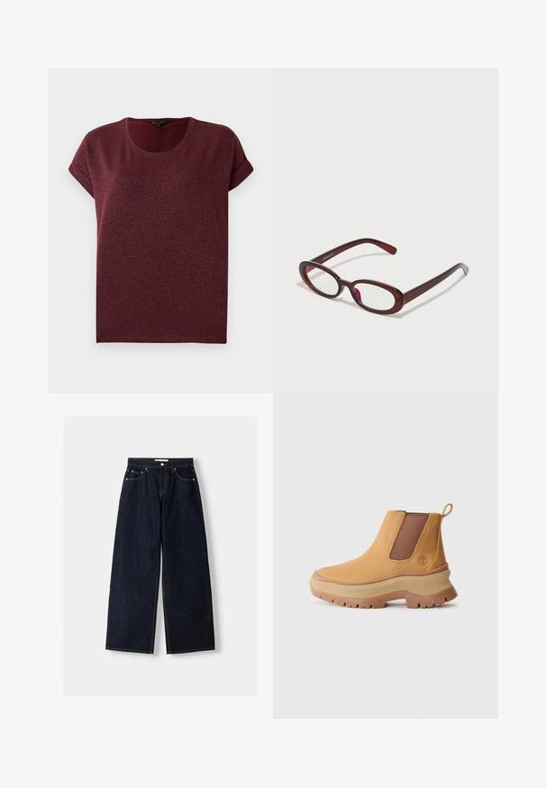 Burgunderfarbener Kurzarmoberteil aus strukturiertem, glitzerndem Stoff mit rundem Ausschnitt und umgeschlagenen Ärmeln. Bequemer Schnitt.; Dunkelblaue, weite Jeans mit hoher Taille, fünf Taschen, Kontrastnähten und silbernem Metallzubehör. Glatte Textur und saubere Verarbeitung.; Braunes Lederknöchelboot mit elastischen Seitenpanelen, rundem Zehenbereich und dicker Gummisohle mit tiefem Profil; verfügt über eine Zuglasche an der Ferse.; Ovale rote Sonnenbrillen mit klaren Gläsern und schlanken braunen Fassungen. Das Design weist sanfte Kurven und minimalen Hardwareeinsatz auf.