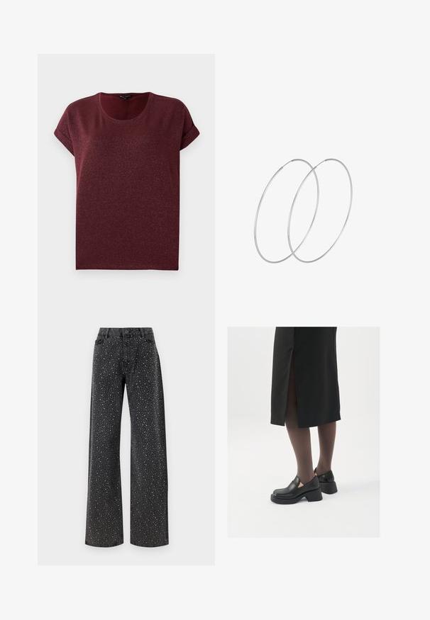 Burgundi spalvos trumpomis rankovėmis palaidinė, pagaminta iš tekstūruotos, blizgios medžiagos, su apvaliu iškirpimu ir apvytu rankogaliu. Laisvas siluetas.; Noisy May NMJANNEL LOOSE - Laisvo kirpimo džinsai - black denim; Juodos odinės bateliai su apvaliu nosiu, stora blokine pakulne ir elastingais šonais, derinami su tamsiomis pėdkelnėmis ir juoda sijonu su plyšiu.; Sidabrinės pusmėnulio auskarai minimalistiniu dizainu. Apskritimo forma, lygus paviršius ir plonas profilis. Lengvi su poliruotu apdailu.