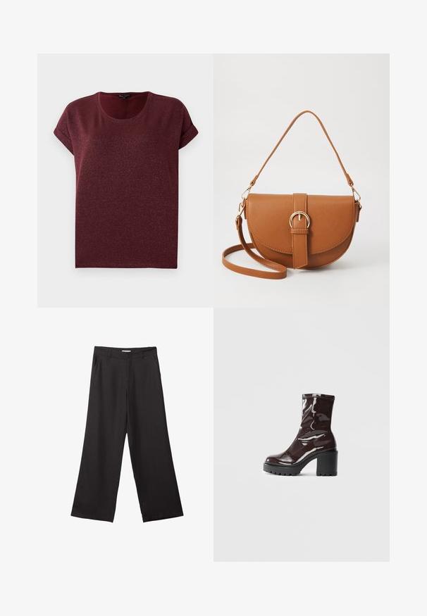 Bordowy, krótki top z rękawem, wykonany z fakturowanej, błyszczącej tkaniny, z okrągłym dekoltem i podwiniętymi mankietami. Luźny krój.; Czarne spodnie z szerokimi nogawkami, wykonane z gładkiego materiału, z przednim zamkiem błyskawicznym i dwoma bocznymi kieszeniami, o dopasowanym kroju i minimalistycznym wzornictwie.; Błyszczące bordowe botki za kostkę z masywną czarną obcasem, charakteryzujące się gładką teksturą i prostym wzornictwem. Brak widocznych zapięć lub wzorów.; Brązowa skórzana torba na ramię o zaokrąglonym kształcie, ze złotymi akcentami i zapięciem w formie klamry. Posiada odpinany pasek na ramię.