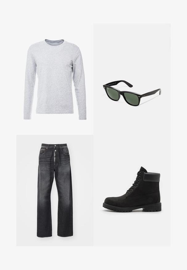 Langärmliges graues T-Shirt aus einem sanften, leichten Stoff mit klassischem Rundhalsausschnitt und schlichter, unauffälliger Gestaltung.; Dunkle, weit geschnittene Jeans aus Denim mit Knopfverschluss, Fünf-Taschen-Design und dezentem Verblassen des Stoffs.; Schwarze geschnürte Knöchelboots mit gepolstertem Kragen und robustem Profil, im Profil vor einem weißen Hintergrund dargestellt.; Schwarze Plastiksonnenbrille mit grünen Gläsern, quadratischen Rahmen, silbernem Akzent auf der Augenbraue und strukturierten Bügeln. Angegebene Marke auf dem inneren Bügel.