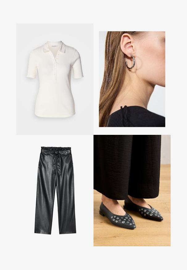 Wit geribbelde polo met korte mouwen, twee knopen bij de sluiting en een zachte textuur. Stof heeft een lichte glans en een gestructureerde kraag.; Witte blouse met lange mouwen en een klassieke kraag, met een sluiting aan de voorkant met knopen en geplooide details aan de zijkant. Glad materiaal met een getailleerde pasvorm.; Zwarte faux leren wijde broek met een elastische, gerimpelde tailleband en een afneembare strikriem. Gladde textuur en minimale glans.; Zwarte leren ballerina's met een spitse neus, voorzien van metalen oogjes in verschillende maten, en een lage vierkante hak. Gladde textuur op een houten vloer.; Zilveren oorbel met een gepolijste afwerking, met kleine gouden accentdetails en een ronde vorm, gedragen op de oorlel.