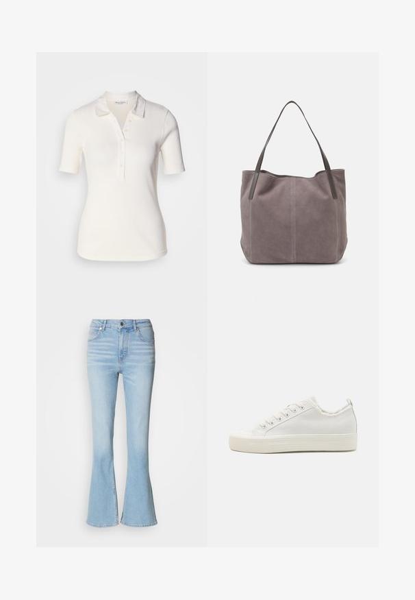 Biely rebrovaný polo tričko s krátkymi rukávmi, dvojitým zapínaním na gombíky a mäkkou textúrou. Tkanina má jemný lesk a štruktúrovaný golier.; Svetlomodré zvonové dżiny vyrobené z denimu s vysokým pásom, s jemným vyblednutím a štandardným zapínaním na zips.; Biele plátkové tenisky s textúrovaným zvrškom, okrúlymi špičkami, plochou podrážkou a šnurovaním vpredu. Vyznačujú sa jemne ošúchaným golierom a pútkom.; Sivá semišová taška cez rameno s dvoma tmavými koženými rúčkami. Obsahuje prešitie na bočných stranách, jemnú textúru a priestranné otvorenie.