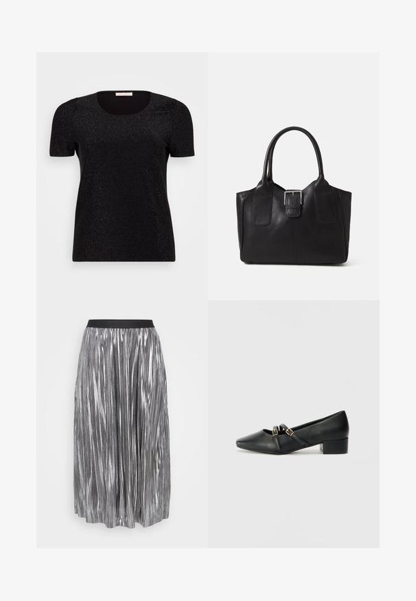 Top preto de manga curta com decote redondo, apresentando uma textura sutil de brilho e detalhes de ombros bufantes. Design liso e ajustado.; Saia plissada prateada feita de tecido metálico com uma cintura elástica preta. Apresenta pregas verticais brilhantes e um comprimento até à metade da panturrilha.; Sapatos de salto bloco em couro preto com biqueira quadrada. Apresentam duas tiras com fivelas douradas ao longo do peito do pé. Textura suave, design minimalista.; Bolsa tote de couro preta com textura suave, forma estruturada, duas alças e um destaque prateado proeminente na parte da frente.