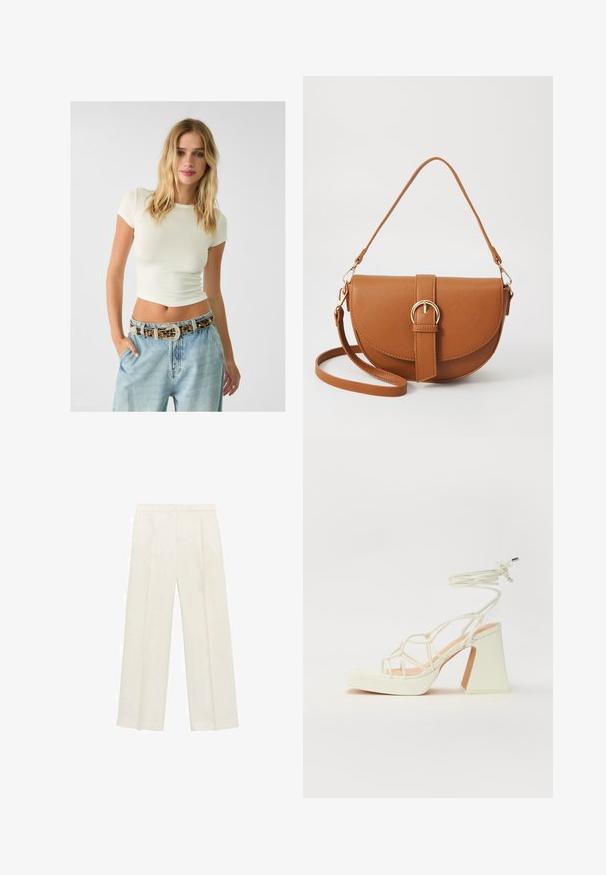 Kurze cremefarbene Ripp-T-Shirt mit hochgeschnittenen hellblauen Jeans und einem gemusterten Gürtel mit Nieten und einer dekorativen Schnalle.; Weit geschnittene Hosen in einem hellen cremefarbenen Farbton. Hergestellt aus einem glatten Stoff mit Falten an der Vorderseite und seitlichen Taschen.; Weiße High-Heel-Sandale mit einem klobigen Absatz, die über ein Riemchendesign und ein Knöchelband verfügt. Glatte Textur mit einer Plattform vorne für zusätzliche Höhe.; Braune Leder-Crossbody-Tasche mit geschwungener Form, goldfarbenen Beschlägen und einer Schnallenakzentuierung. Verfügt über einen abnehmbaren Schultergurt.