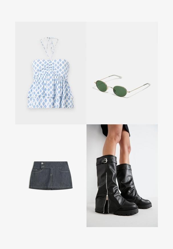 Hollister Co. STRAPLESS CONVERTIBLE DOUBLE TIER BABYDOLL - Top - white; Tamna traper suknja s visokim pojasom, koja ima dva prednja džepa, kopčanje na dugme i kontrastne šavove duž rubova.; Crne kožne čizme do koljena s širokim okovratnikom, s bočnim zatvaračem i detaljem od kopče, teksturiranom završnom obradom i debelim gumenenim potplatom.; Naočale sa zlatnim okvirom, zelena ovalna stakla i tanke metalne nogice. Imaju prozirne plastične vrhove na nogicama radi udobnosti.; Woven straw basket torba s smešnim kožnim detaljima, dva ručka i odvojivim remenom. Savijen oblik s čvrstim dnom.