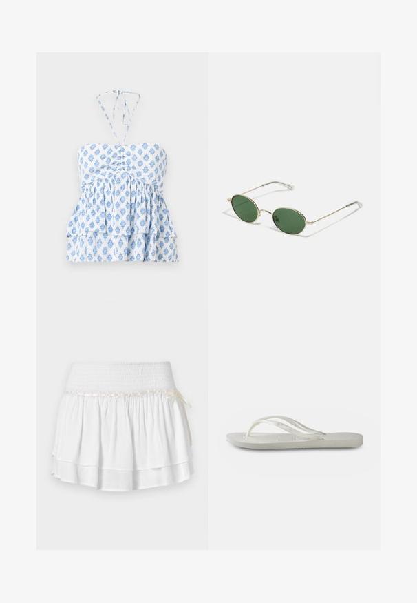 Hollister Co. STRAPLESS CONVERTIBLE DOUBLE TIER BABYDOLL - Top - white; Gonna bianca a strati con vita elastica, caratterizzata da un dettaglio in smocking testurizzato e un nastro decorativo. Tessuto di cotone.; Infradito bianchi con suola testurizzata, caratterizzate da cinghie sottili e design piatto. Realizzate in gomma con un logo sottile sulla soletta.; Occhiali da sole con montatura dorata, lenti ovali verdi e aste in metallo sottili. Presentano estremità in plastica trasparente sulle aste per maggiore comfort.; Borsa a tracolla in paglia intrecciata con dettagli in pelle marrone, due manici e una tracolla removibile. Forma curva con una base solida.