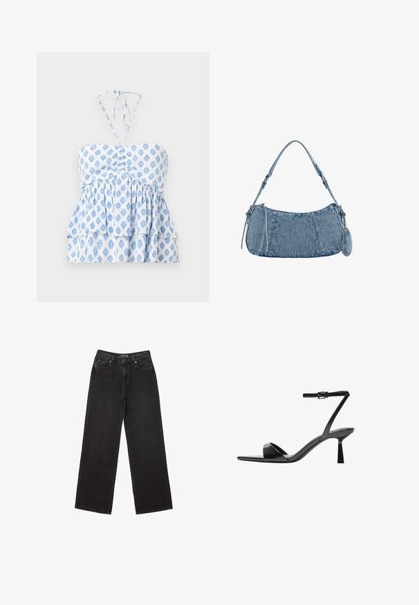 Hollister Co. STRAPLESS CONVERTIBLE DOUBLE TIER BABYDOLL - Top - white; Zwarte wijde jeans van denim, met kleine stippenpatronen, een klassieke vijf-pocket ontwerp en een knoop- en ritssluiting.; Bershka Sandalen met hoge hak - black; Denim handtas met een gebogen vorm, lichtblauwe kleur, verstelbare schouderriem en een kleine afneembare pouch met metallic accenten.