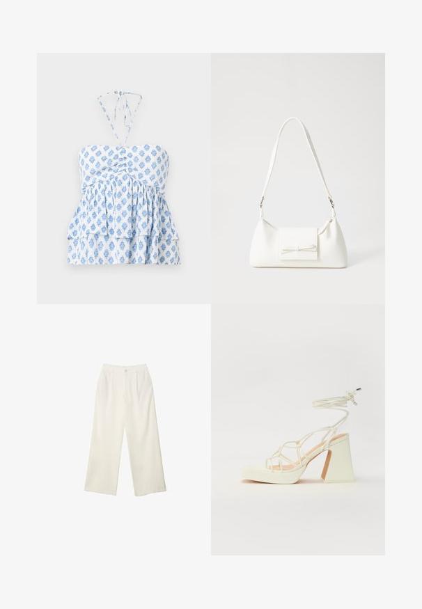 Hollister Co. STRAPLESS CONVERTIBLE DOUBLE TIER BABYDOLL - Top - white; Široké nohavice z krémovej látky s hladkou textúrou, s jedným predným gombíkom, jemnými skladmi a vysokým pásom.; Biele sandále na vysokom opätku s hrubým podpätkom, s pruhovaným dizajnom a viazaním na členku. Hladký povrch s platformou vpredu pre zvýšenú výšku.; Biela syntetická kabelka s trojuholníkovým tvarom, plochým predným klapkou a detailom mašle, nastaviteľným popruhom, hladkou textúrou a minimalistickým dizajnom.