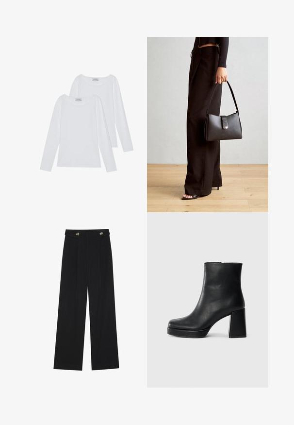To langeærmede bluser i hvid, med runde halsudskæringer og blødt stof, med minimale sømme og rene linjer for et alsidigt look.; Sorte vide bukser med høj talje, knapdetaljer på taljebåndet og frontfald.; Sort læder ankelstøvle med blokhæl og platformssål, set fra siden på en ensfarvet hvid baggrund.; Sort håndtaske med struktureret form, glat overflade og metalspænde. Sammen med brede sorte bukser og sandaler med åben tå på trægulv.