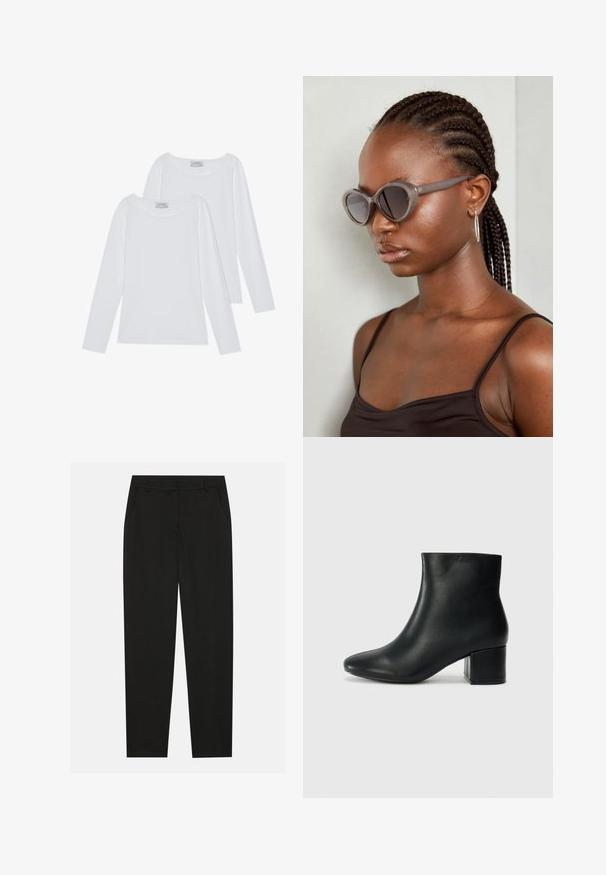 Două bluze cu mânecă lungă, de culoare albă, cu guler rotund și material moale, cu cusături minime și linii curate pentru un aspect versatil.; Pantaloni negri cu un design croit, dotati cu buzunare laterale si un croi drept. Fabricati dintr-un material neted, usor, cu un finisaj elegant.; Cizme negre din piele până la gleznă, cu vârf ascuțit și toc robust. Textură netedă, cu accente minime și un design elegant, ajustat.; Ochelari de soare supradimensionați gri, cu formă rotundă și lentile închise la culoare. Rame din plastic elegante, cu un finisaj neted. Modelul are părul împletit.