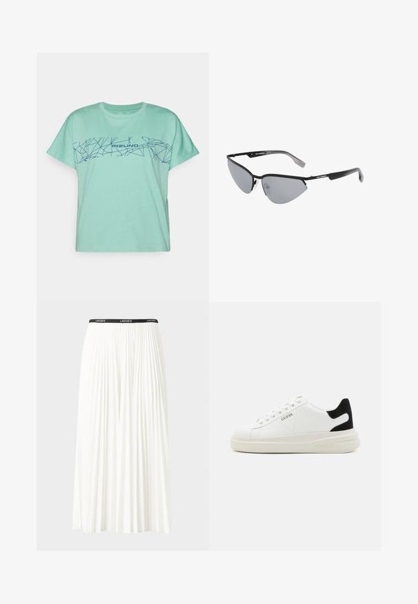 Miętowa koszulka z bawełny, z navy geometrycznym wzorem i napisem "MIZUNO" na piersi. Krótkie rękawy, okrągły dekolt.; Plisowana biała spódnica z czarnym elastycznym pasem z logo "LACOSTE". Średniej długości, o miękkiej teksturze.; Białe skórzane sneakersy z grubą białą podeszwą, czarnym zamszowym akcentem na pięcie oraz wytłoczonym logotypem z boku. Projekt z sznurówkami i sześcioma dziurkami.; Czarne okulary przeciwsłoneczne w kocim kształcie. Srebrne lustrowane soczewki. Smukłe, lekkie plastikowe oprawki z dyskretnym oznakowaniem na zausznikach.