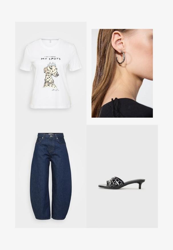 White cotton t-shirt featuring a graphic of a spotted dog wearing a crown, with the text "I can't change my spots" below the design.; Dark blue denim jeans with a wide, relaxed fit. Features a zip fly, four pockets, and contrasting stitching along seams.; Black heeled sandals with multiple glossy straps and metallic accents, featuring a pointed toe and modest kitten heels. Smooth texture.; Silver hoop earring with a polished finish, featuring small gold accent details and a round shape, worn on the lobe.