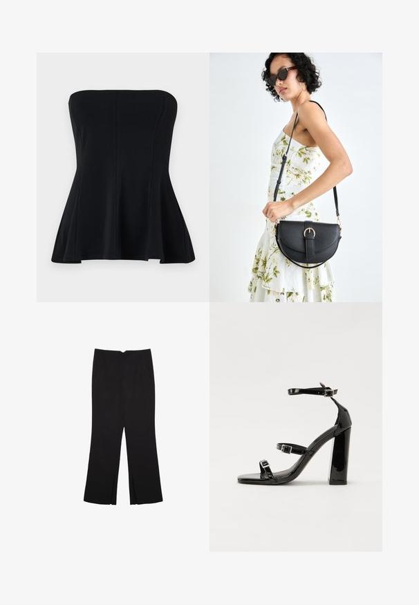 Svart strapless topp i mjukt tyg, med åtsittande bodice och utställd nederkant. Inga dekorationer eller mönster. Ren, enkel design.; Svarta byxor med rak passform, utrustade med framfickor och sidoklyvningar vid fållen. Tillverkade av mjukt, slätt tyg. Lämpliga för olika tillfällen.; Svarta lackerade klacksandaler med fyrkantig tå, ankelremmar och silverfärgade spännen. Har en kraftig blockklack för stabilitet.; Svart läderhandväska med en böjd form, avtagbar rem och guldiga detaljer. Väskan har ett lock med en spänndetalj.