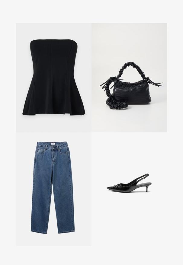 Black strapless top made of smooth fabric, featuring a fitted bodice and flared hem. No embellishments or patterns. Clean, simple design.; Classic blue denim jeans with a straight-leg design, five pockets, and a button closure. Features a medium wash and sturdy texture.; Black leather slingback heels with a pointed toe, low kitten heel, and gathered detail on the vamp. Smooth texture and minimalist design.; Black faux leather handbag with a crocodile texture, cinched top, and a scrunched strap. Appears soft and compact in design.