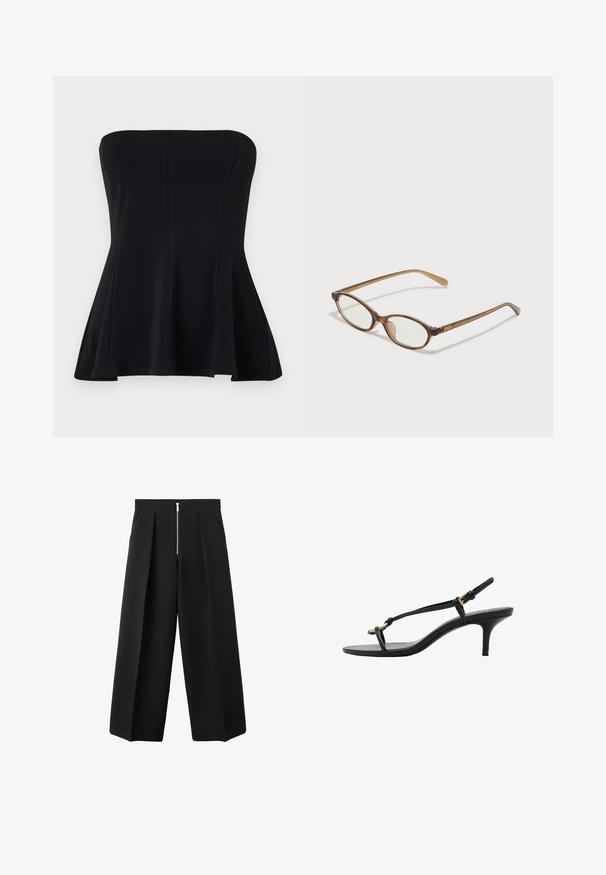 Top negru fără bretele, realizat dintr-un material neted, având un corset ajustat și un tiv evazat. Fără aplicații sau modele. Design curat și simplu.; Pantaloni negri cu croi larg, cu pliseuri frontale și un sistem de închidere cu fermoar metalic vizibil la talie, față plată și buzunare laterale.; Sandal cu toc kitten din piele neagră, cu curele subțiri, cataramă aurie și buclă minimalistă pentru degetele de la picioare, pe un fundal alb.; Ochelari în nuanță de țestoasă maro, cu lentile ovale, brațe subțiri și accente transparente. Prezintă un logo subtil pe tâmplă. Design elegant și ușor.