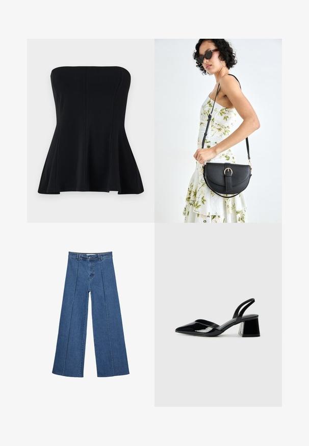 Črn brezrokavnik iz gladkega blaga, ki ima prilegajočo se korzetno obliko in razširjen rob. Brez okrasnih elementov ali vzorcev. Čista, preprosta zasnova.; Jeans širokih nogavic v srednji modri barvi, z visokim pasom, gumbom in kontrastnimi navpičnimi šivi spredaj.; Črne lakirane slingback pete s koničastim nosom in geometrijsko blokasto peto. Imajo eleganten, minimalističen dizajn in gladko teksturo.; Črna usnjena torbica s ukrivljeno obliko, z odstranljivo naramnico in zlatimi dodatki. Torbica ima pokrov s podrobnostmi v obliki zaponke.