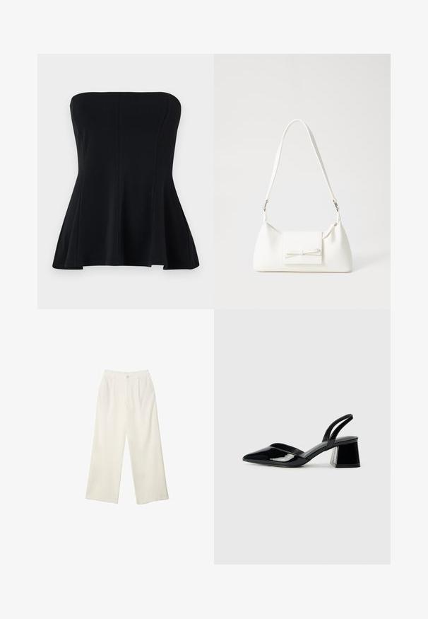 Top nero senza spalline realizzato in tessuto morbido, con un corpetto aderente e orlo svasato. Nessun decoro o motivo. Design pulito e semplice.; Pantaloni a gamba larga in tessuto crema con una texture liscia, caratterizzati da un singolo bottone frontale, pieghe sottili e un design a vita alta.; Décolleté in vernice nera con punta affusolata e tacco in geometria cubica. Presentano un design elegante e minimalista, con una texture liscia.; Borsa sintetica bianca a forma triangolare, con patta anteriore piatta e dettaglio a fiocco, tracolla regolabile, texture liscia e design minimalista.