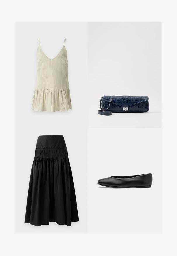 Jasnozielona plisowana kamizelka na ramiączkach z dekoltem w serek i cienkimi ramiączkami, z rozszerzonym, marszczonym dołem dla dodatkowej objętości.; Satinowa koszulka w kolorze beżowym z koronkowymi detalami przy dekolcie, z cienkimi, regulowanymi ramiączkami i gładką, błyszczącą teksturą.; Czarna spódnica do kolan wykonana z gładkiego materiału, z dopasowanym pasem i marszczonym wzorem dla większej objętości.; Paul Smith TOPANGA czarny; Granatowa skórzana kopertówka o strukturze krokodyla, z srebrnym łańcuszkiem i metalowym zapięciem. Prostokątny kształt z zapięciem na klapkę.