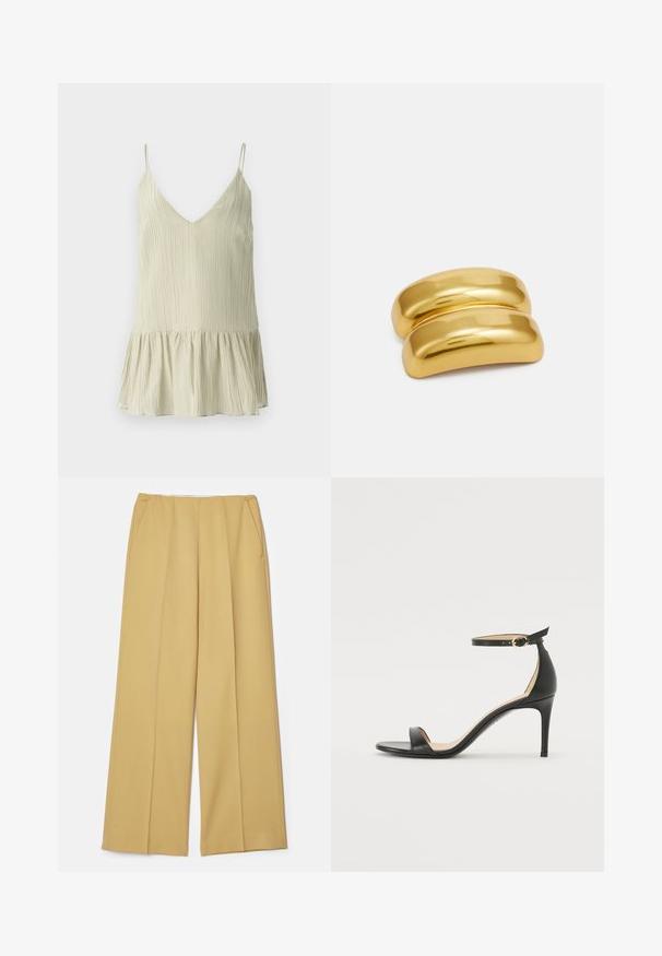 Svijetlozeleni plisirani top s V-izrezom i tankim naramenicama, s lepršavim, nabranim rubom za dodatni volumen.; Hlače širokih nogavica u boji senfa, s prednjim džepovima i glatkom teksturom, s čistim, krojenim dizajnom.; Crne kožne sandale na visokom potpeticu s remenom oko gležnja. Imaju glatku teksturu, otvoreni prst i tanku potpeticu. Detalj s kopčom u zlatnoj boji.; Zlatni metalni držač za kosu s glatkim, zaobljenim dizajnom. Površina je refleksivna i ima spojeni, zakrivljeni oblik bez dodatnih ukrasa.