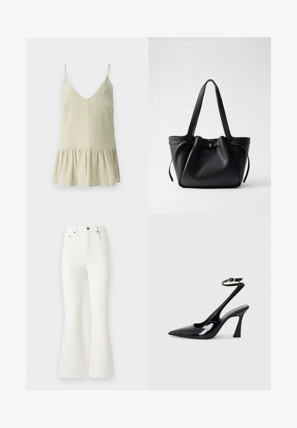 Light green pleated camisole with a V-neck and thin shoulder straps, featuring a flared, gathered hem for added volume.; White flared jeans made of denim. High-waisted design with front pockets and a button closure. Smooth texture and minimal stitching details.; Black patent leather slingback high heels with a pointed toe, adjustable ankle strap, and a moderate block heel. Smooth texture with glossy finish.; Black leather tote bag with two long straps, a cinched top, and a gold circular accent. Smooth texture with a minimalist design.