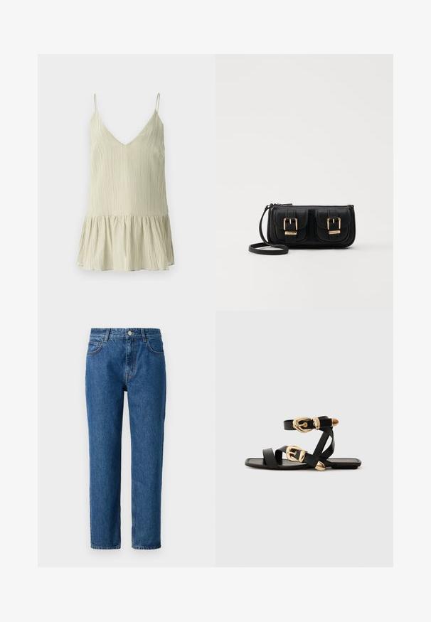 Camiseta de tirantes delgada en verde claro con plisado y escote en V, con un dobladillo acampanado y fruncido para mayor volumen.; Jeans de mezclilla azul con corte recto, con cierre de botón, lazos para cinturón y bolsillos delanteros. Hechos de un tejido de algodón texturizado.; Sandalias de cuero negro con acentos de hebillas doradas, que cuentan con múltiples correas y un diseño de suela plana para usar con los dedos al aire.; Bolso cruzado de cuero negro con dos bolsillos frontales, hebillas doradas, cierre de cremallera y una correa delgada. Superficie texturizada y forma rectangular compacta.