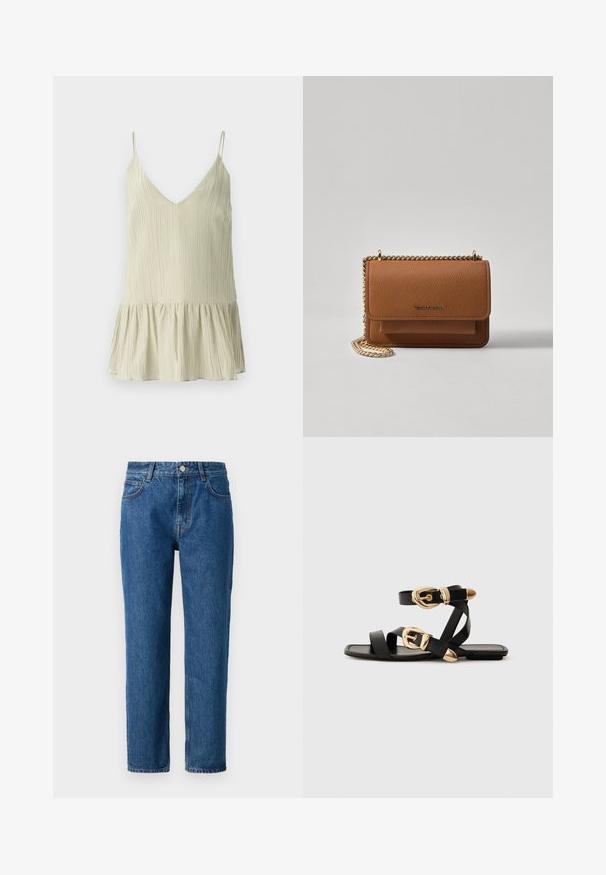 Light green pleated camisole with a V-neck and thin shoulder straps, featuring a flared, gathered hem for added volume.; Blue denim jeans with a straight-leg cut, featuring a button closure, belt loops, and front pockets. Made from textured cotton fabric.; Black leather sandals with gold buckle accents, featuring multiple straps and a flat sole design for open-toe wear.; Brown textured leather crossbody bag with gold chain strap and flap closure. Front features logo detail and a pocket under the flap.
