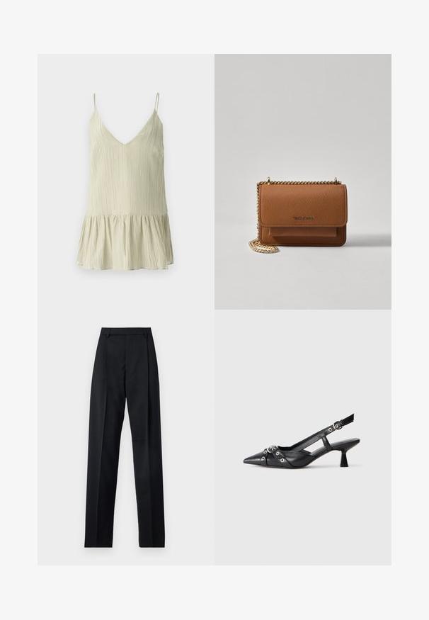 Light green pleated camisole with a V-neck and thin shoulder straps, featuring a flared, gathered hem for added volume.; Black trousers made from smooth fabric featuring a high waist, wide legs, front pleats, and classic belt loops. No side pockets visible.; Black leather slingback shoe with a pointed toe, decorative straps featuring metal eyelets, and a low block heel. Textured surface.; Brown textured leather crossbody bag with gold chain strap and flap closure. Front features logo detail and a pocket under the flap.