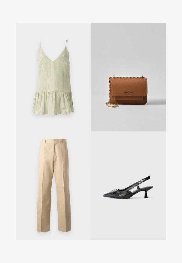 Jasnozielona plisowana kamizelka na ramiączkach z dekoltem w serek i cienkimi ramiączkami, z rozszerzonym, marszczonym dołem dla dodatkowej objętości.; Beżowe spodnie o dopasowanym kroju z prostymi nogawkami, charakteryzujące się gładką teksturą, centralnymi plisami z przodu oraz klasycznym pasem.; Czarne skórzane buty typu slingback z ostrym noskiem, ozdobnymi paskami z metalowymi oczkami oraz niskim klinowym obcasem. Teksturowana powierzchnia.; Brązowa skórzana torba na ramię z teksturą, z złotym łańcuszkiem i zapięciem na klapkę. Z przodu znajduje się detal z logo oraz kieszeń pod klapką.