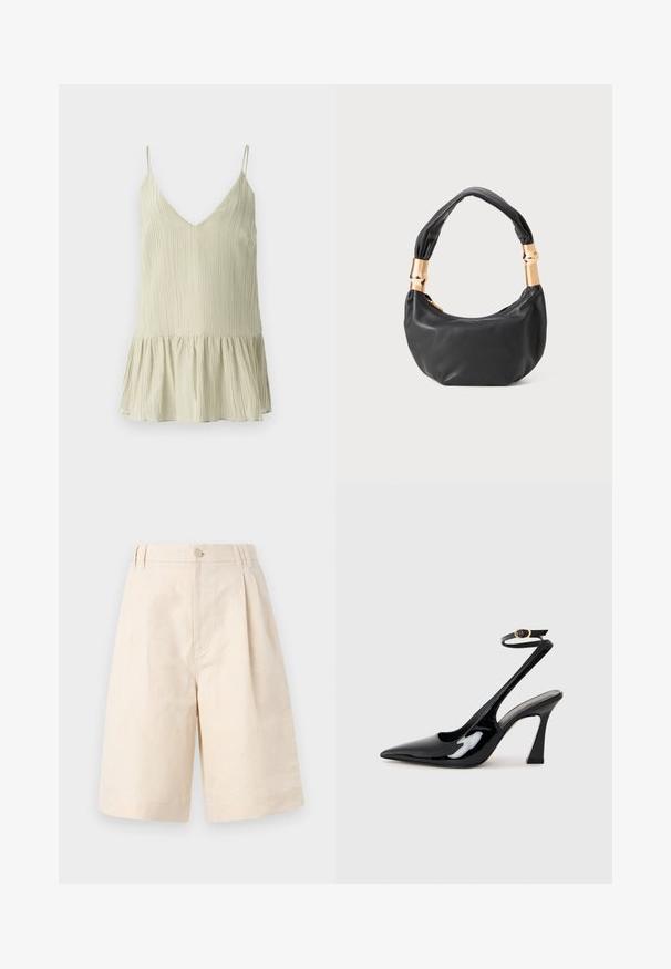Light green pleated camisole with a V-neck and thin shoulder straps, featuring a flared, gathered hem for added volume.; Beige linen shorts with a relaxed fit, featuring a button closure, pleated design, and knee-length cut. Smooth texture and simple style.; Black patent leather slingback high heels with a pointed toe, adjustable ankle strap, and a moderate block heel. Smooth texture with glossy finish.; Black leather handbag with a round shape, soft texture, and a knotted handle featuring gold-tone hardware accents. Zipper closure.