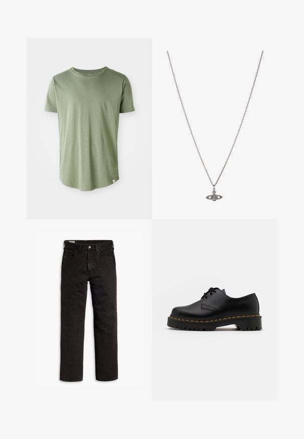 Lühikeste varrukatega T-särk heleses rohelises, pehmest kangast, ümar kaelus, sirge äär, vasakus allnurgas väike sildike.; Mustad sirgedega teksapüksid viie taskuga, nööpidega kinnitamine ja vöökohaga, lamab tasasele valgele taustale.; Must musta lesti kingad ümarate varvastega, tekstureeritud kummitald ja kollane õmblus aluse ääres. Lame disain ja sile viimistlus.; Hõbedane kettkaelakee, millel on detailselt kujundatud pendel, mis on planeedi kuju, kaunistatud väikeste aktsentide ja keerukate mustritega.