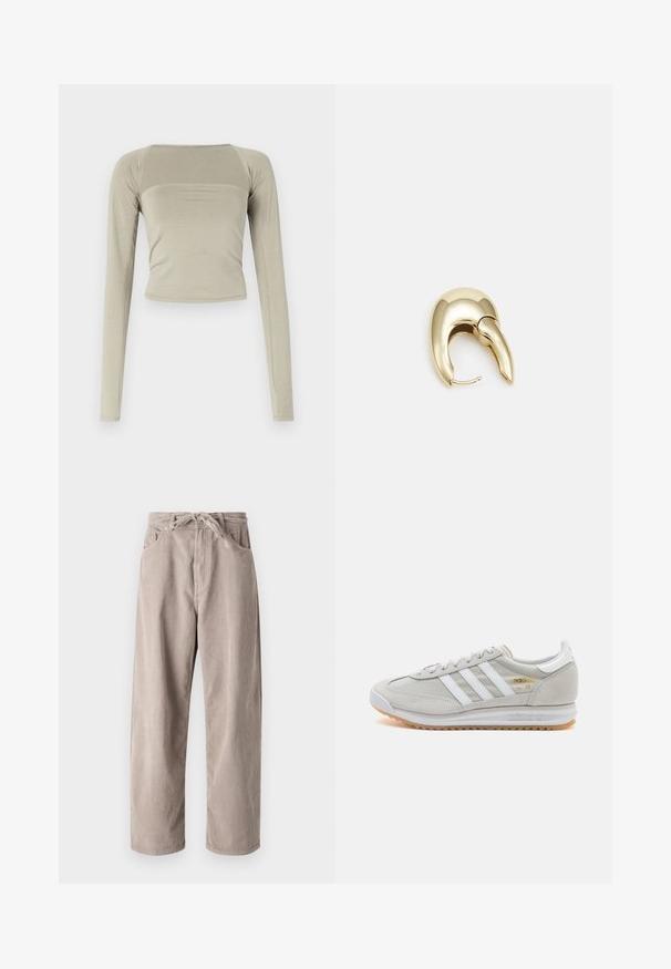 Ilgas rankoves crop'o tipo marškinėliai šviesiai bežiniai, pagaminti iš minkštos, elastingos medžiagos. Turi kvadratinį iškirpimą ir prigludusią siluetą.; Šviesiai rudi kordūriniai kelniai, laisvo kirpimo, su raišteliu reguliuojamu juosmeniu, dviem priekinių kišenėlių ir vertikalia juostele.; Šviesiai pilki sportbačiai, pagaminti iš zomšos ir tinklinės medžiagos, su trimis baltais dryžiais, apvaliu pirštu ir guma padu. Auksinė logotipo detalė šalia raištelių.; Aukso tono metalinės auskarai su stilingu, kreiviu dizainu. Išsiskiria ryškiu smailiu pavidalu, poliruota paviršiumi ir užsegimu su vyriu.