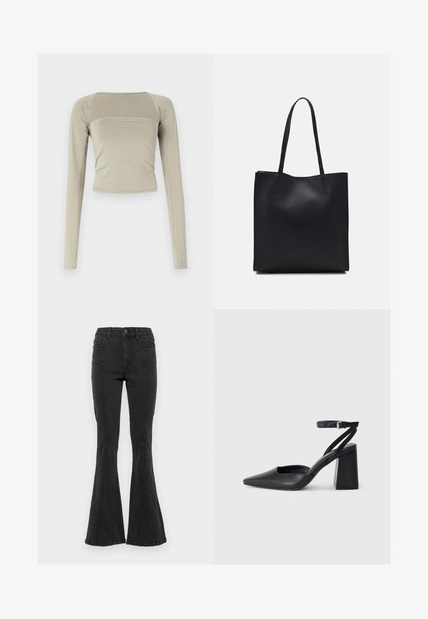 Pikad varrukad, lühikese lõikega tipp helesandis, valmistatud pehmest ja venivast materjalist. Omab ruudukujulist kaelust ja sobivat siluetti.; Mustad denimist laiad püksid kõrge vöökohaga, külgõmblustega ja puhta viimistlusega hemperites. Kanga pind on sile ja kerge venivusega.; Mustmustest must-käigukingad, millel on konksuga nöör ja paks konts. Ühtlane tekstuur, stiilne disain ja minimalistlik esteetika.; Mustast nahast kott sujuva tekstuuriga, ristkülikukujuline ja kahe pika sangaga. Pole nähtavat riistvara ega kaunistusi.